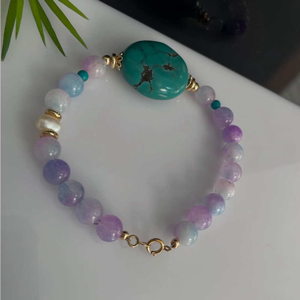 Light Purple Lavender Jade & Turquoise Gold Filled beaded Bracelet